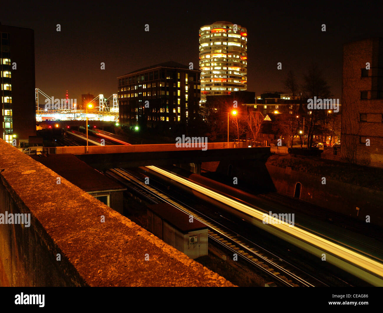 A train speeds past just south of East Croydon Station. Stock Photo