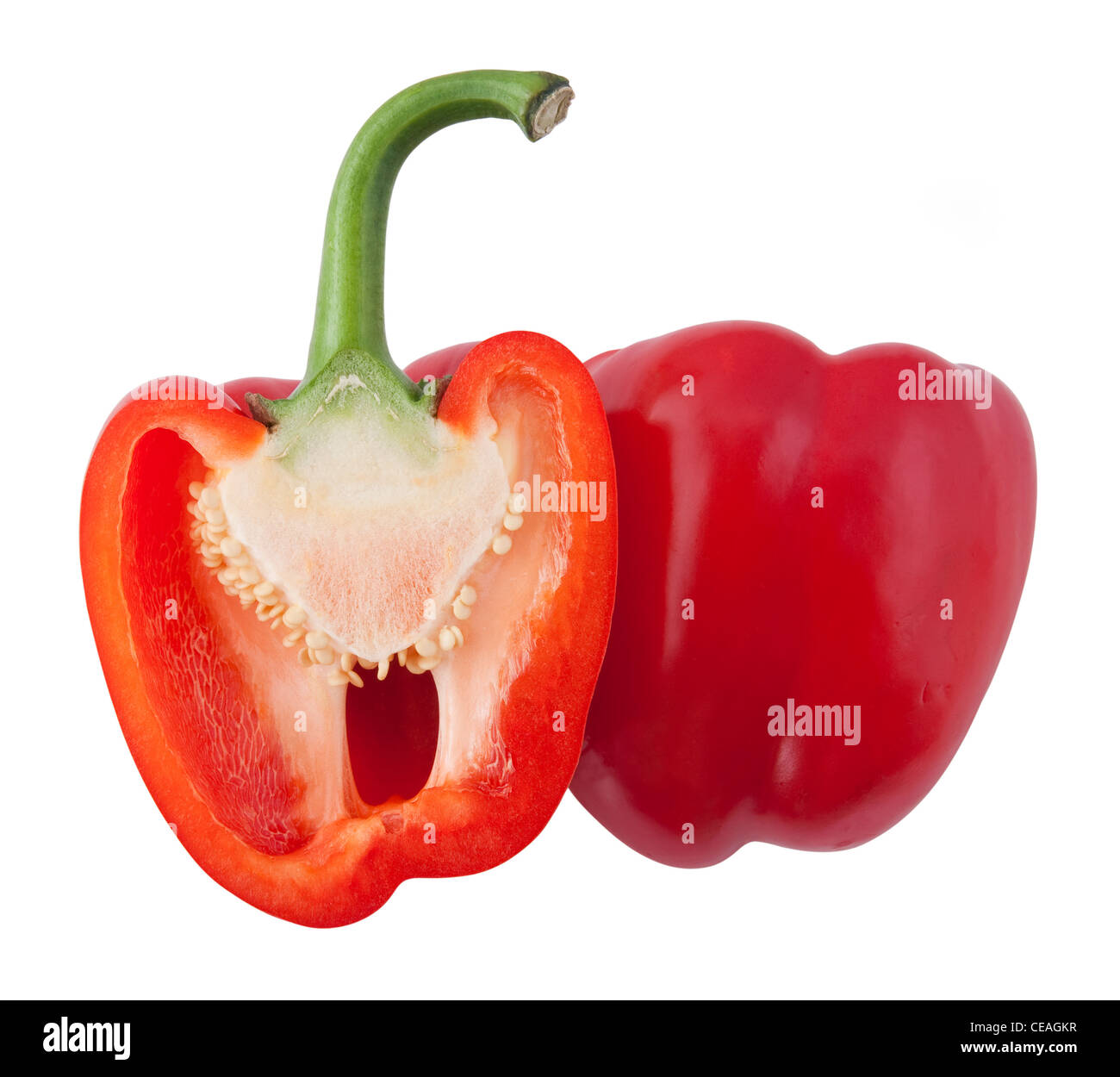 Views of a split red bell pepper on a white background. Stock Photo