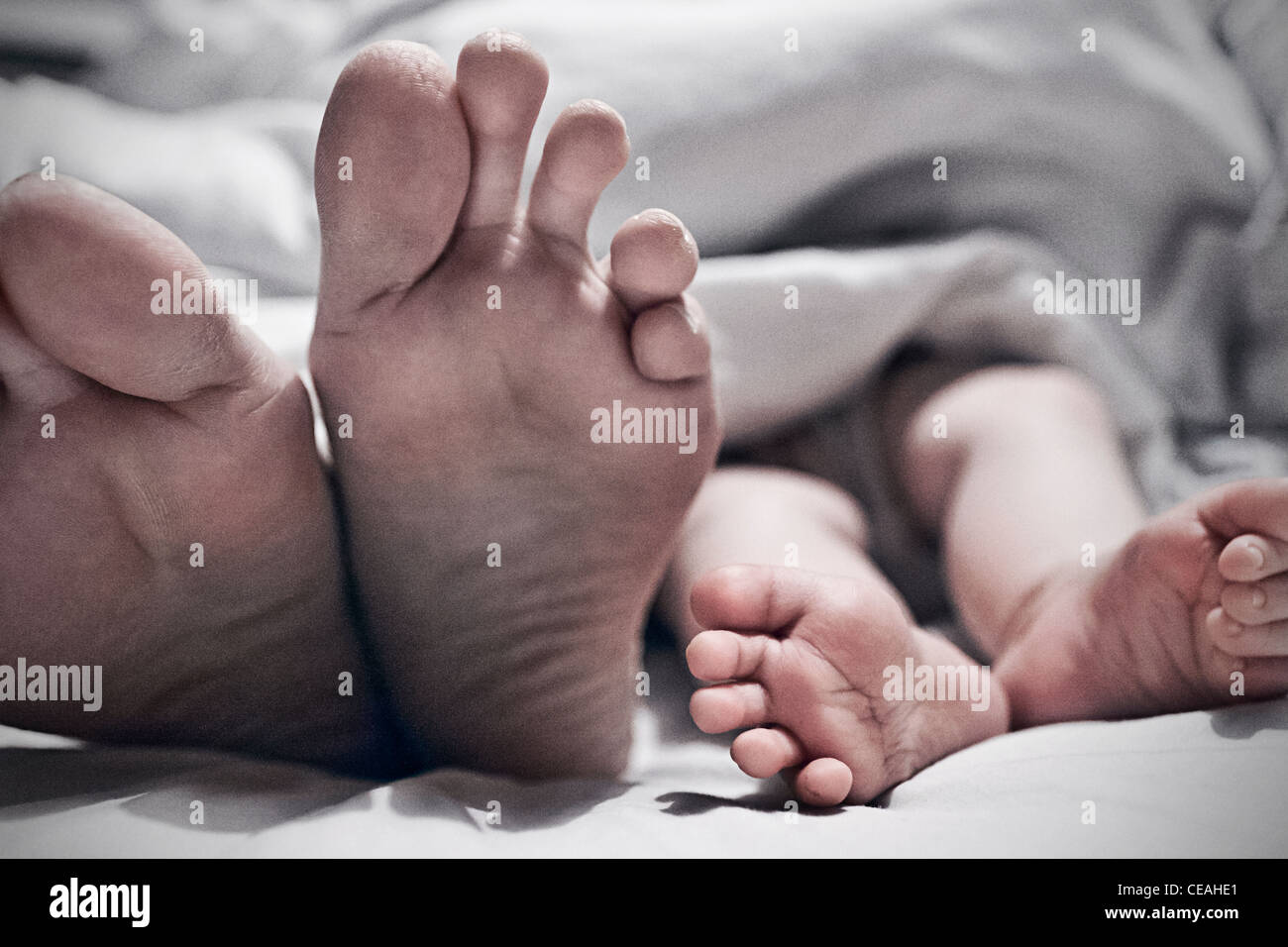 Mother and Baby Daughter's Feet in Bed Stock Photo