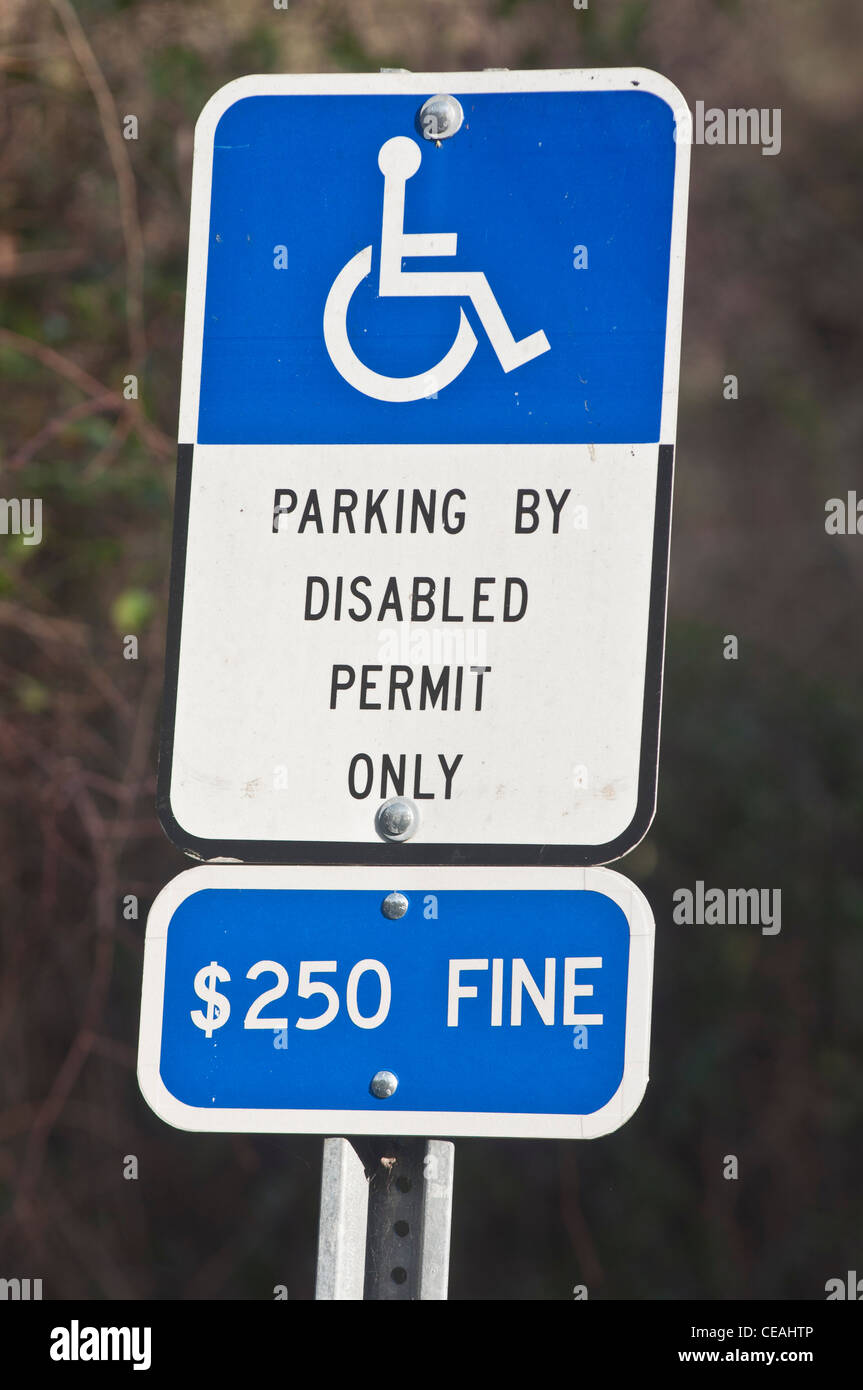 Disabled parking sign by permit only. High fine 250 dollars for violators Stock Photo