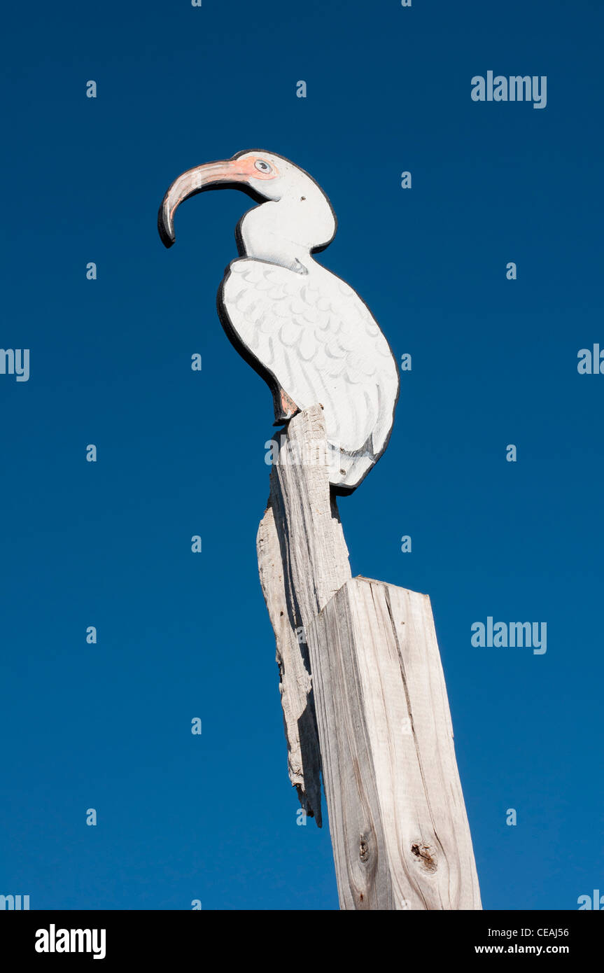 Pelican sign with blue sky background, Cedar Key, Florida, United States, USA Stock Photo