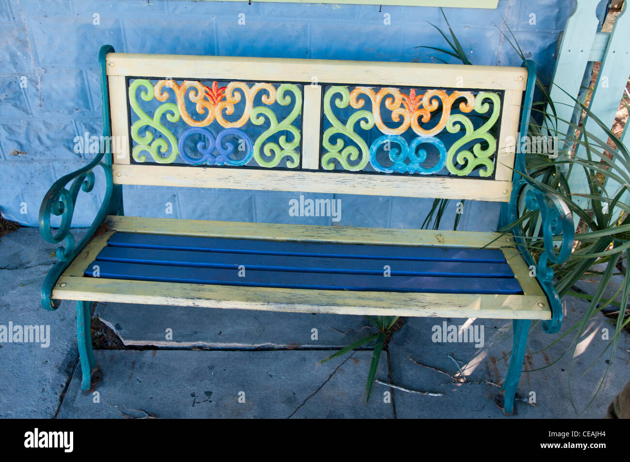 Blue colorful bench, 2nd Street, Cedar Key, Florida, United States, USA Stock Photo