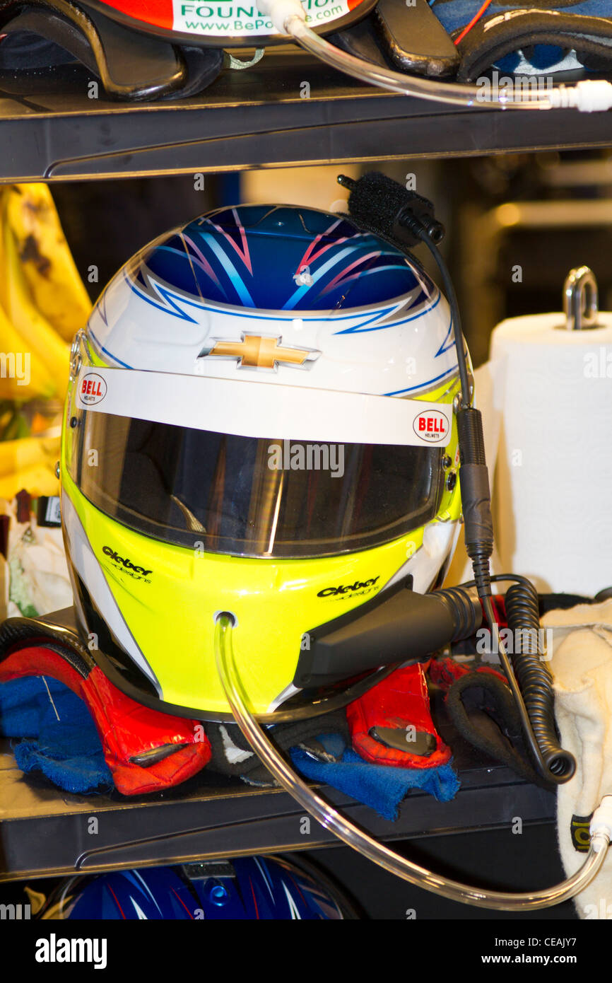 Sports car racing helmet on bench in pit area during 50th Anniversary ...