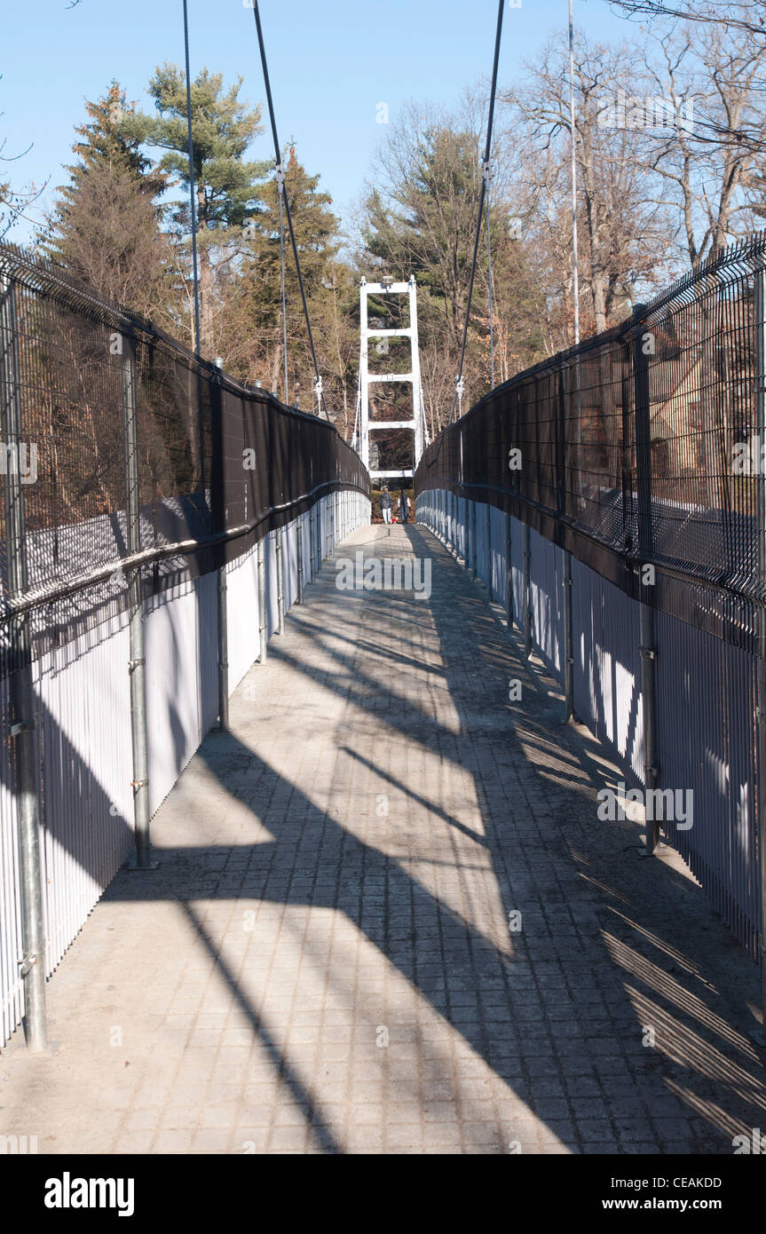 Suspension bridge over Fall Creek with additional fences to protect suicides. Cornell University, Ithaca, New York, USA Stock Photo