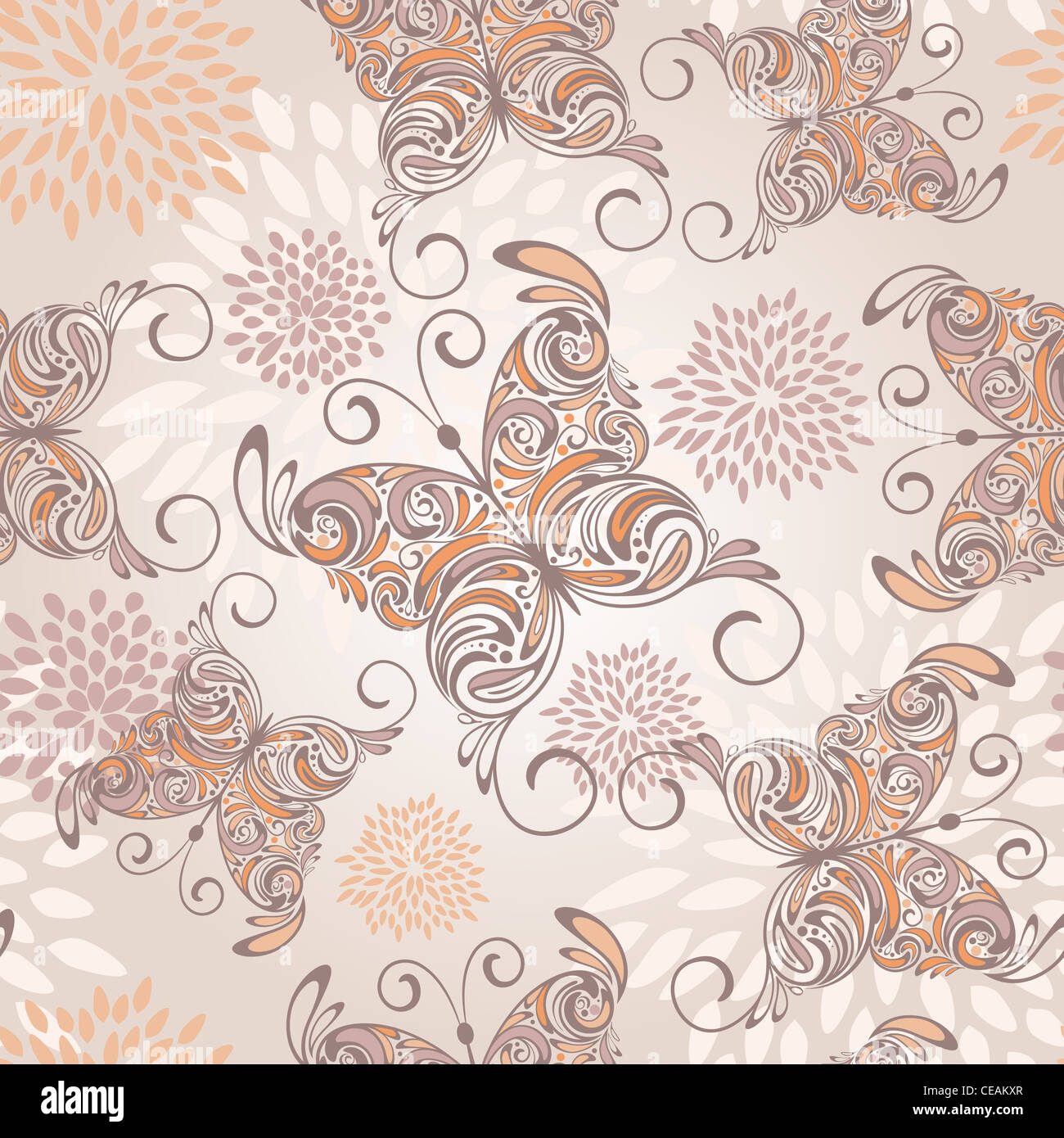 seamless pattern with hand drawn butterflies and abstract flowers Stock ...