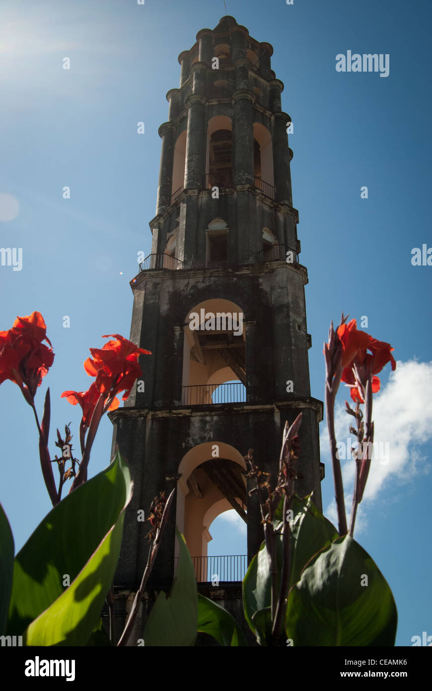 beautiful view through the flowers on tower de Inznaga Valle de los Ingenios salve watchtower Province Sancti Spiritus Cuba Stock Photo