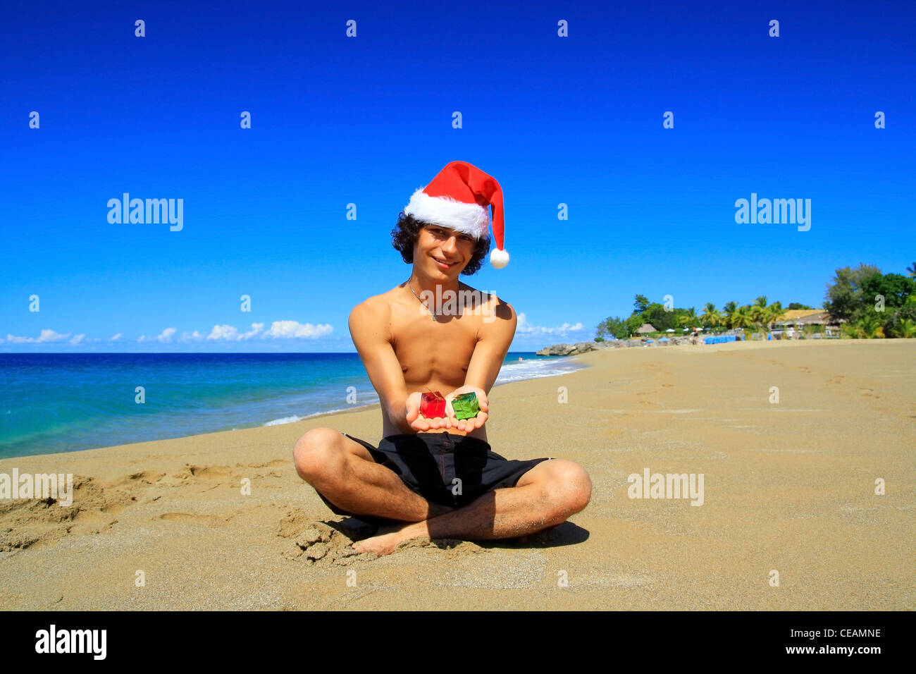 Santa Claus with gift boxes on beach of ocean Stock Photo - Alamy