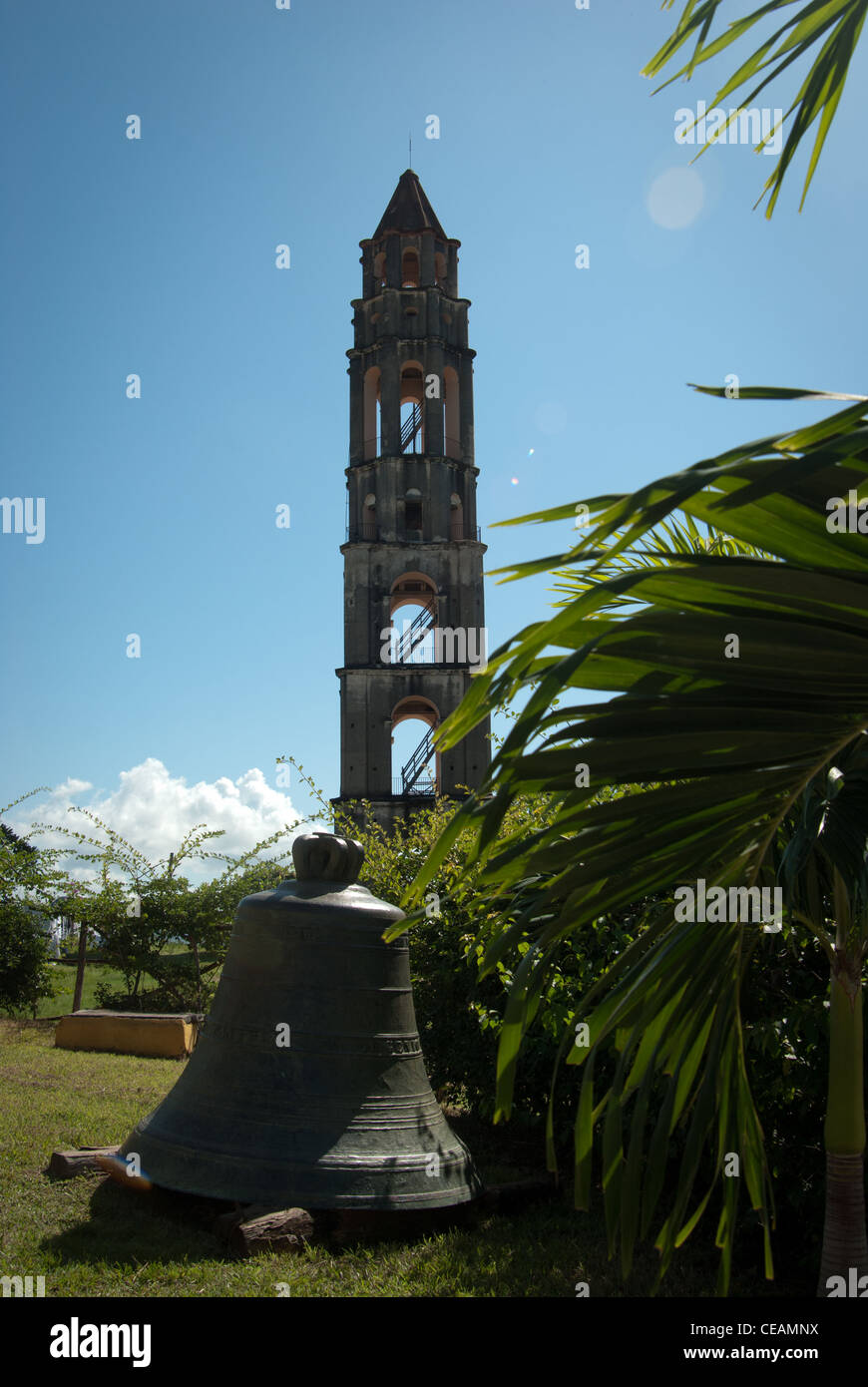 Iznaga tower bell and the tower in the background  in the Valle de los Ingenios, Sancti-Spíritus province, Cuba Stock Photo