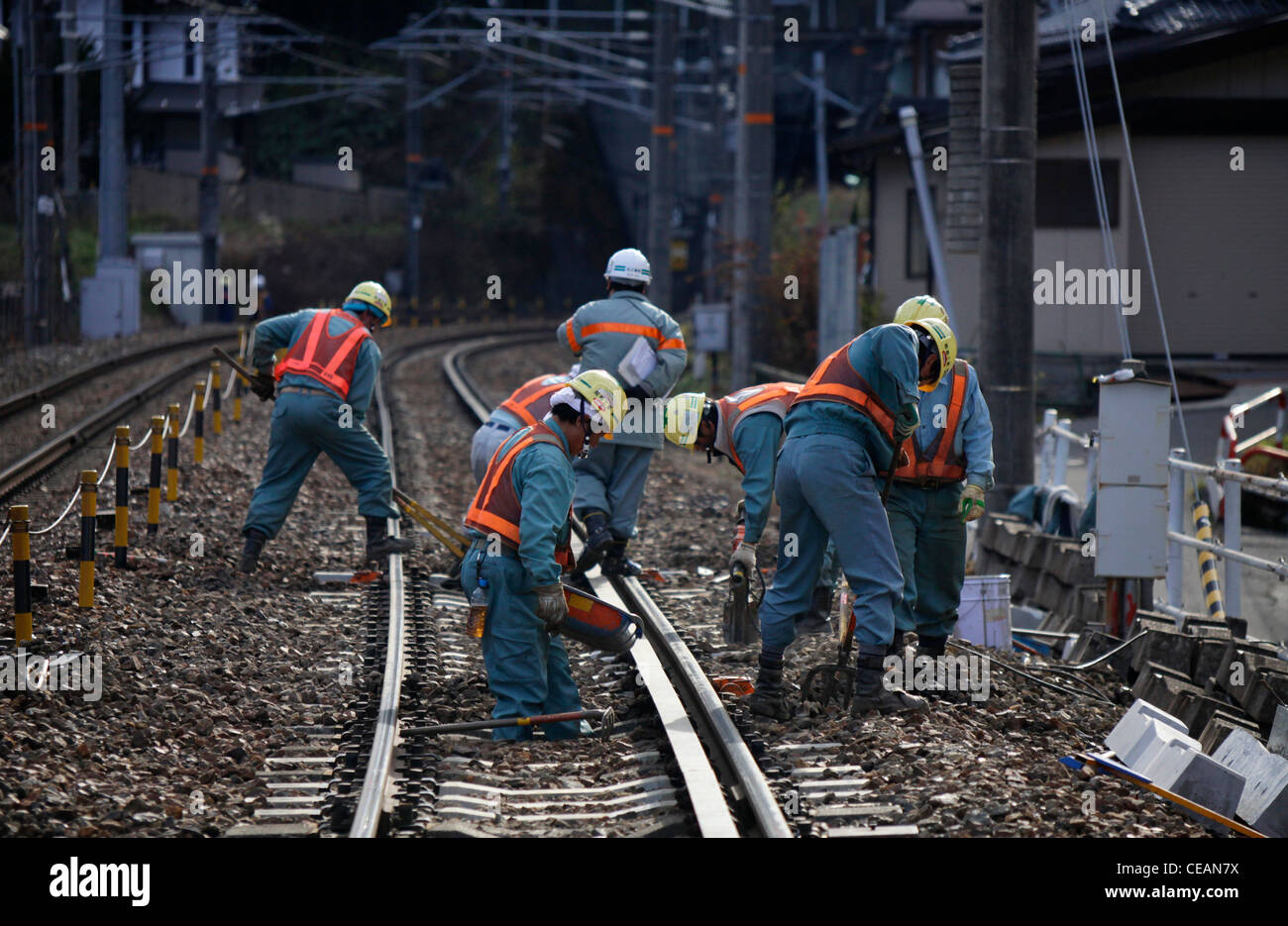 Track maintenance of Chuo Main Line near Narai railway station Nagano Japan Stock Photo