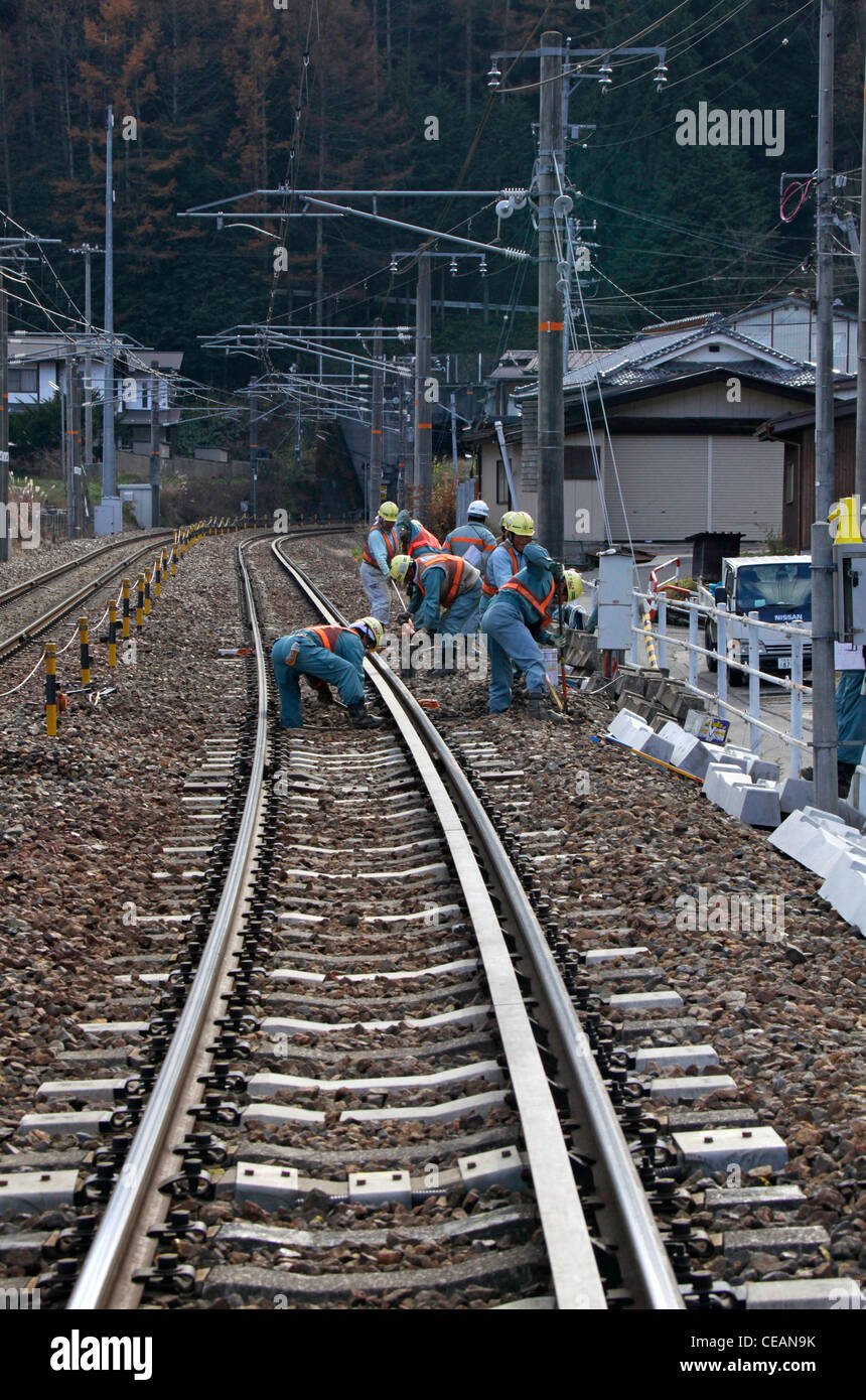 Track maintenance of Chuo Main Line near Narai railway station Nagano Japan Stock Photo