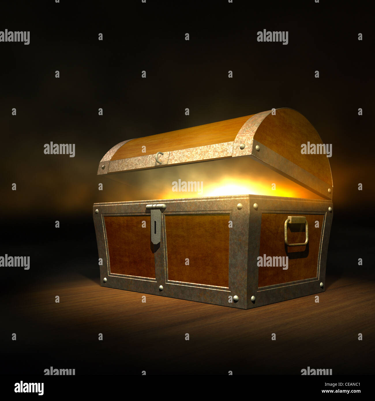 Old wooden treasure chest with strong glow from inside Stock Photo Alamy