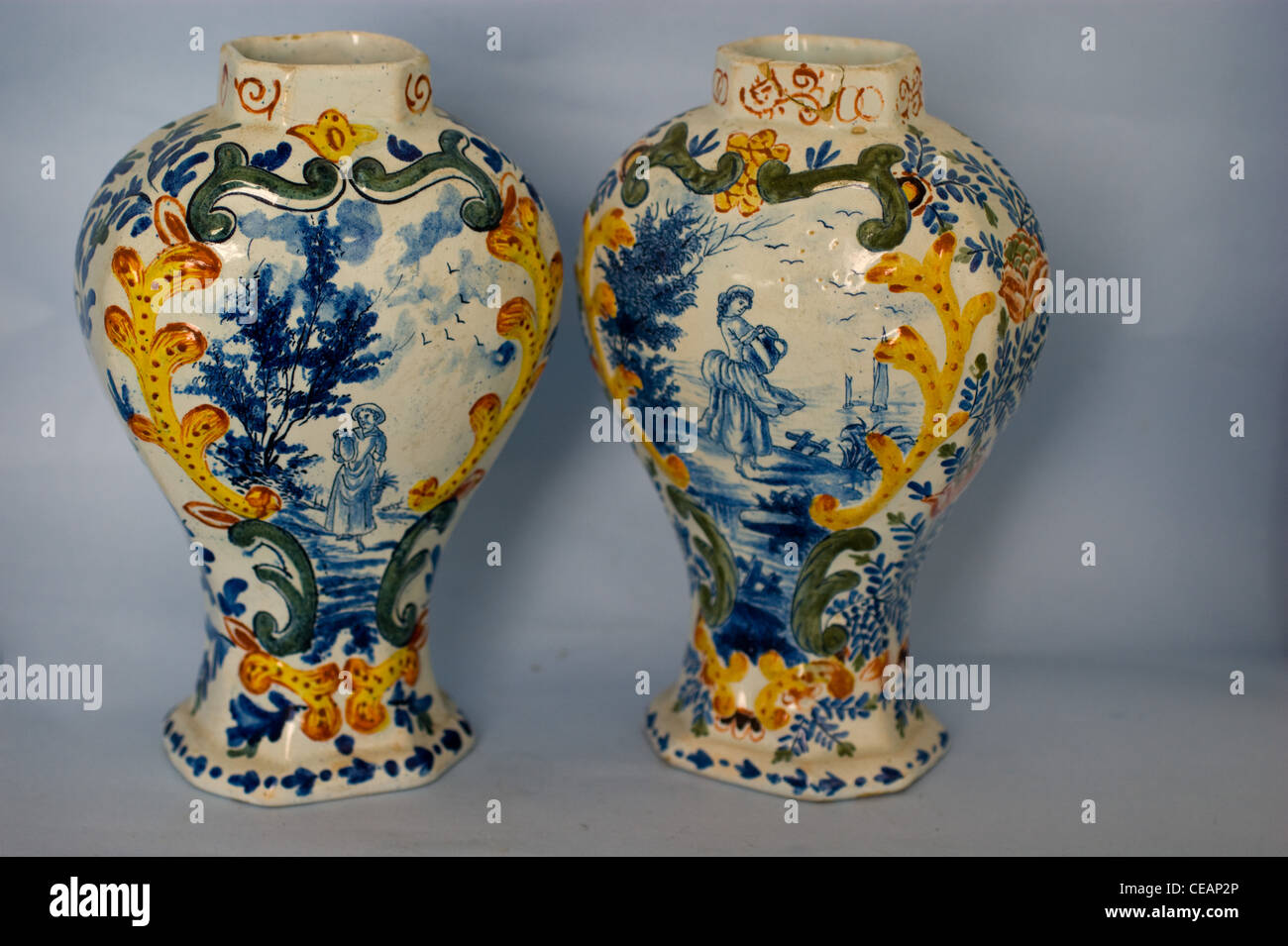 Antique English Delft Tin Glazed Ware Blue White And Yellow Hand