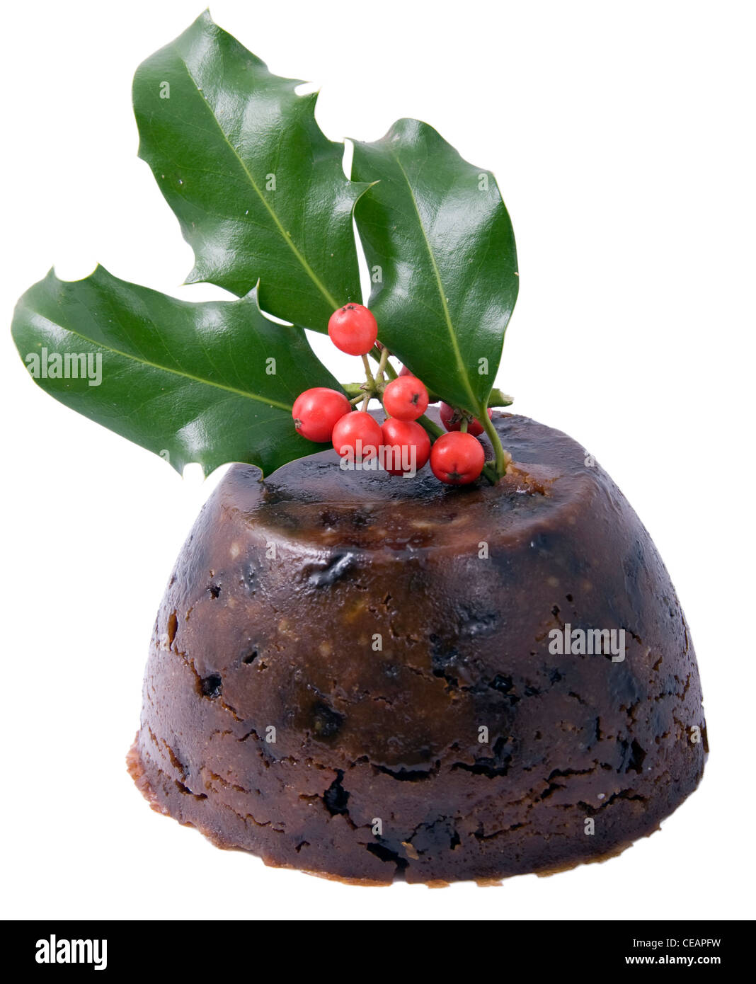 Christmas pudding with holy isolated on white Stock Photo