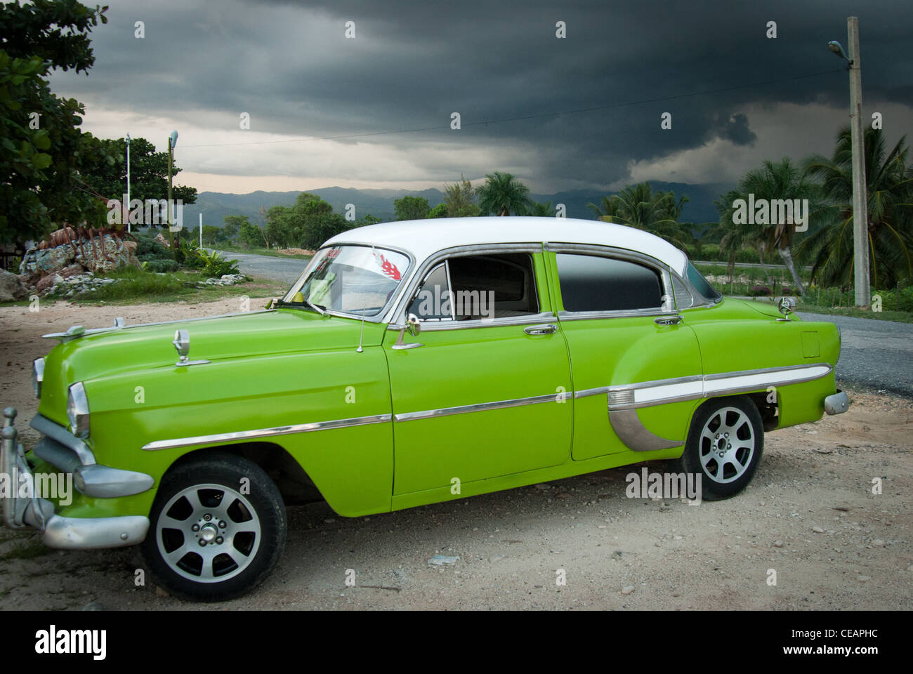 Old American Car, Chevrolet, taxi parked onPlaya Ancon, Cuba Stock Photo