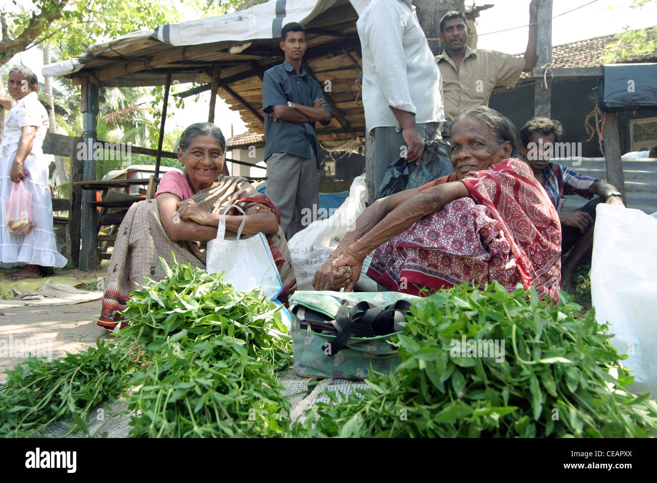 Two woman sat working at Market, Hikkaduwa, Sri Lanka Stock Photo