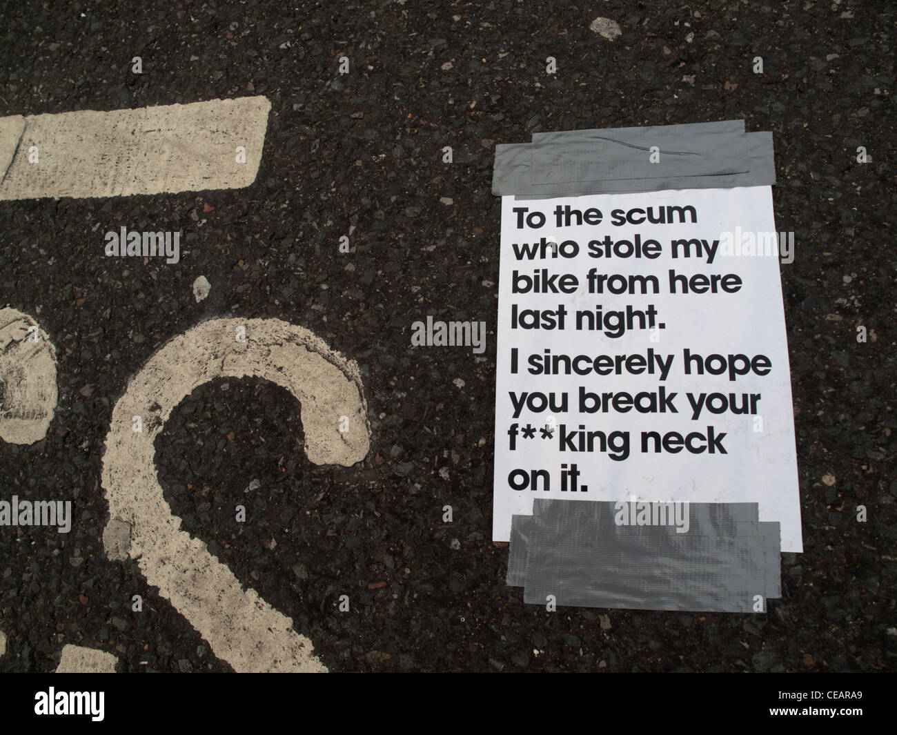 A notice from crime victim to perpetrator Stock Photo