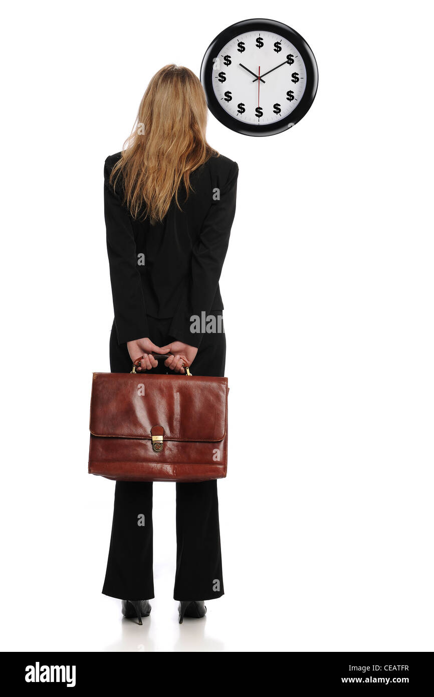 Businesswoman looking at a dollar clock as a concept that time is money Stock Photo