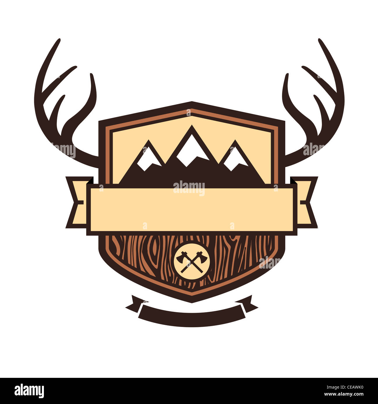 Wood themed outdoors emblem with mountains and antlers Stock Photo