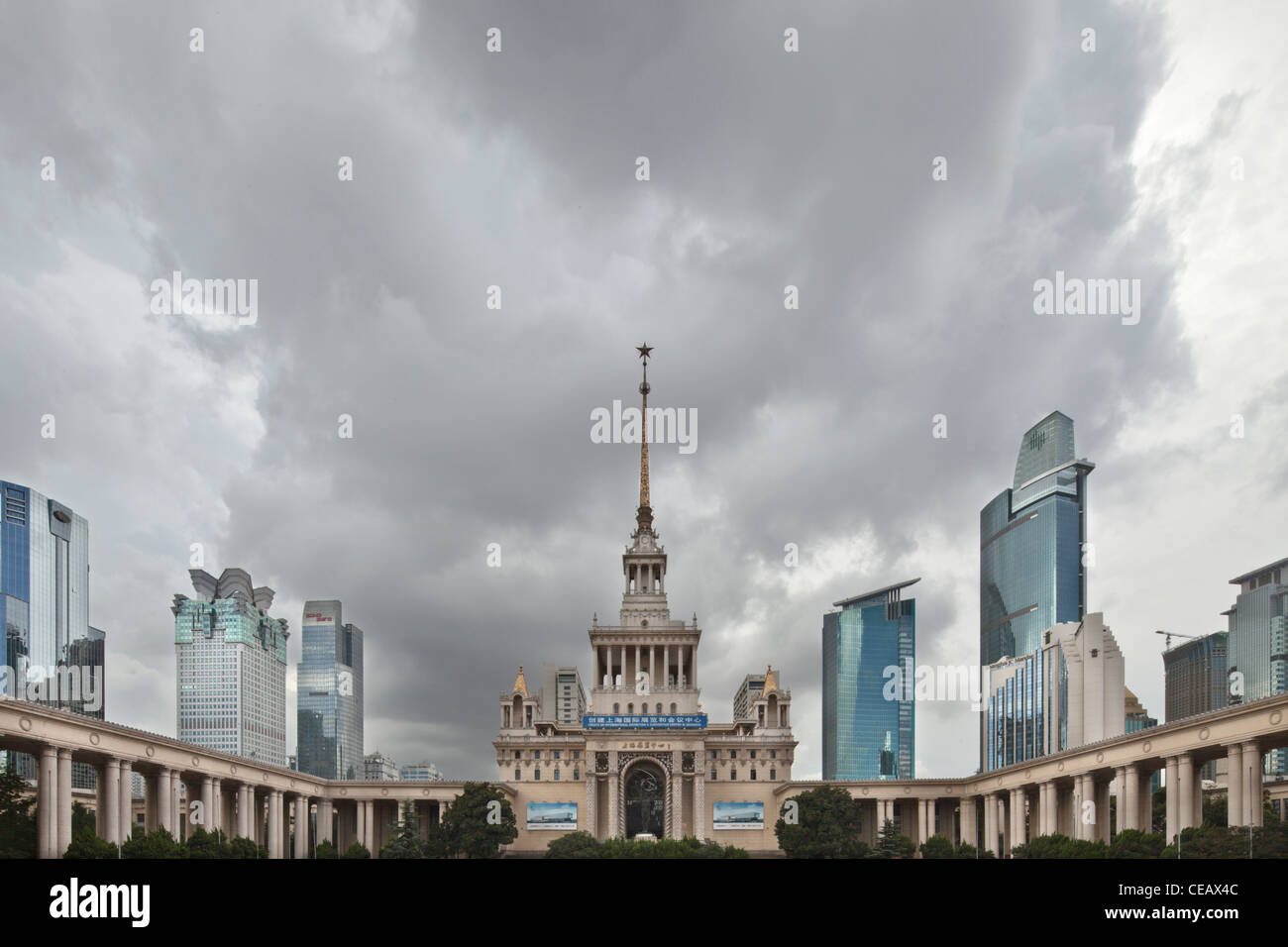 Shanghai Exhibition Center on a stormy day Stock Photo