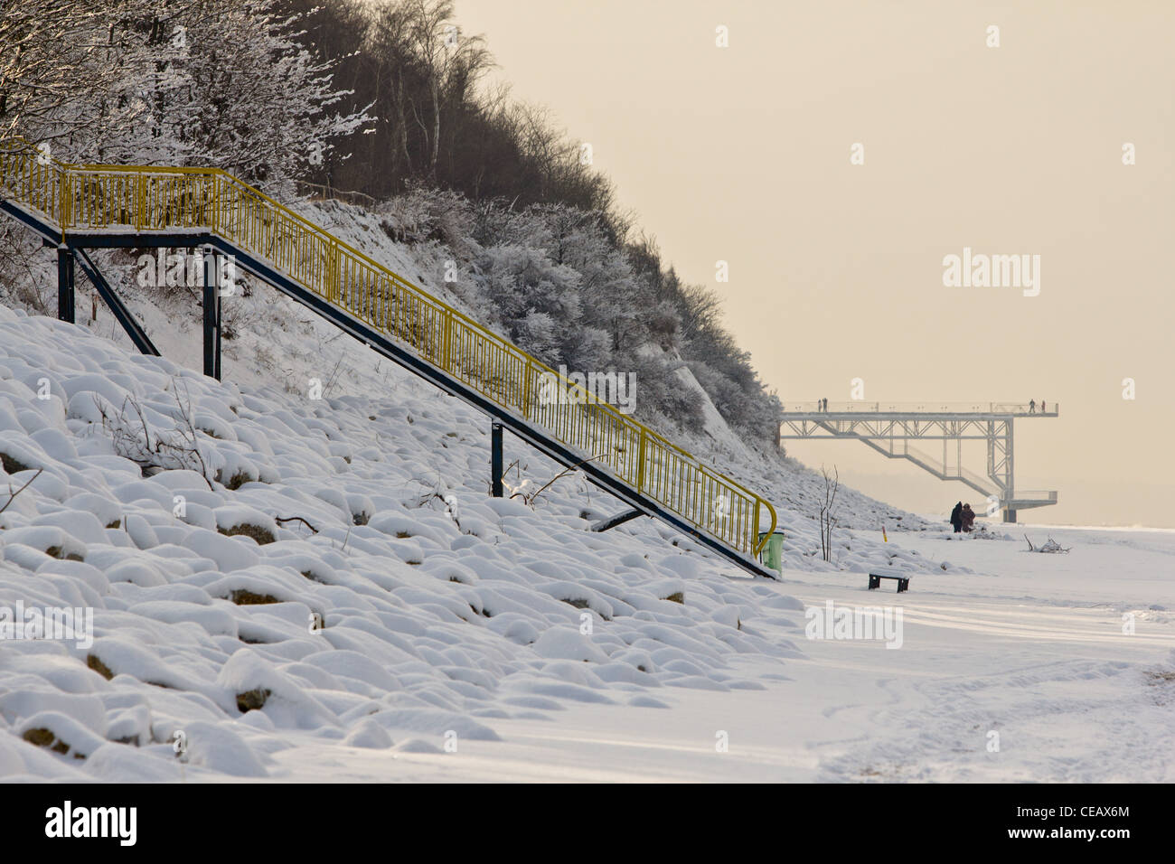 Snow-covered beach in Rewal, on the west coast of the Baltic Sea in Poland. Winter on the Baltic Sea. Stock Photo