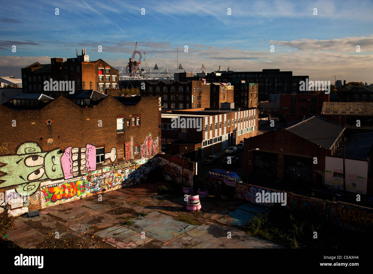 View from Hackney Wick looking over the East End over graffiti. London, UK. Stock Photo