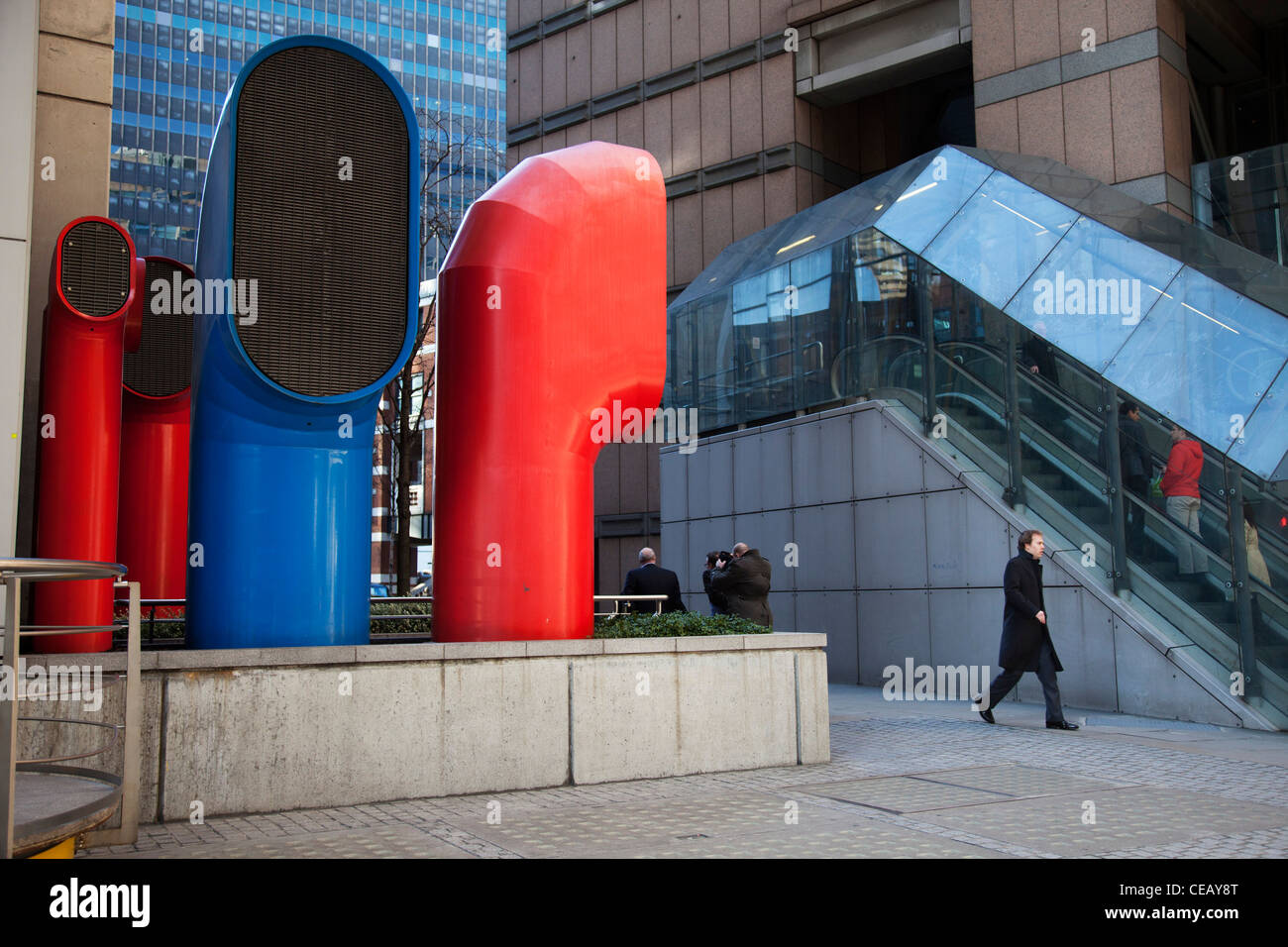 Vents 88 on London Wall by architect Richard Rogers. Red and blue funnel like ventilation system part of office building. Stock Photo