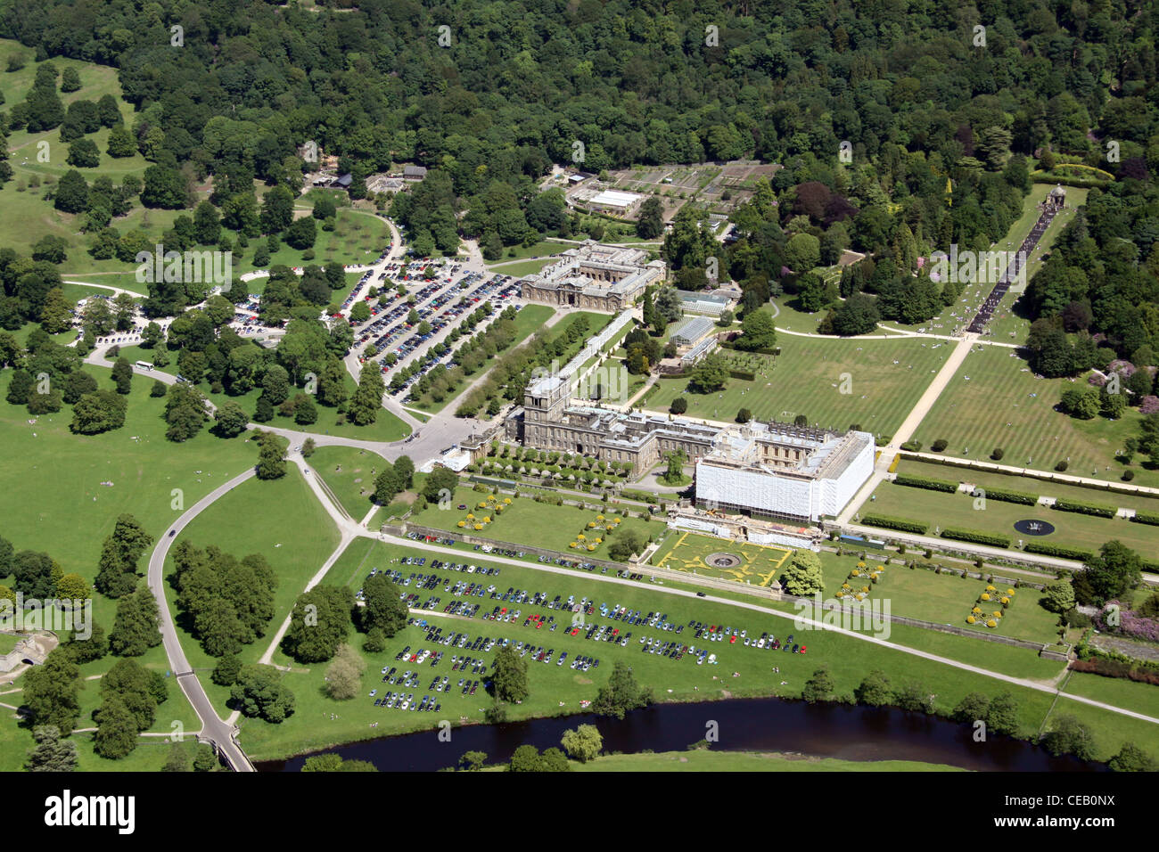 Aerial image of Chatsworth House, Derbyshire during major renovation work in 2011 Stock Photo
