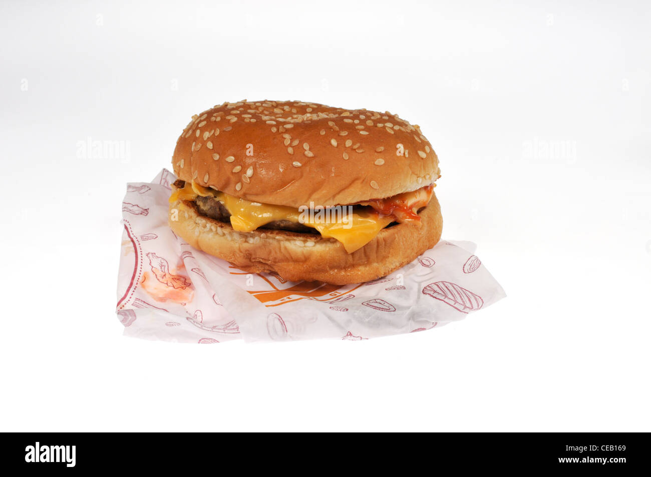 Burger King double cheeseburger with wrapper packaging on white background cutout. Stock Photo