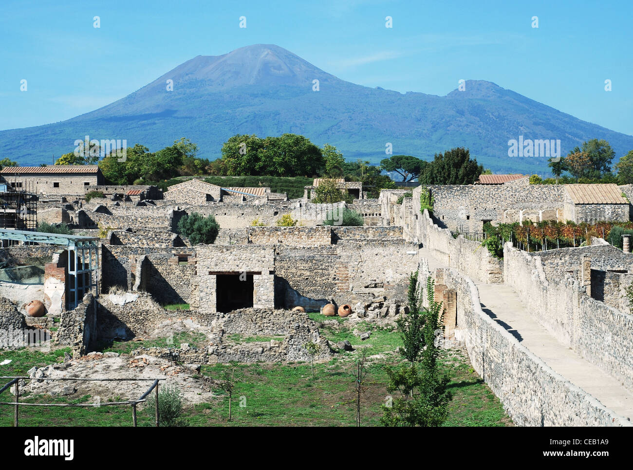 View of the Pompeii ruins in italy with Mount Vesuvius in background Stock Photo