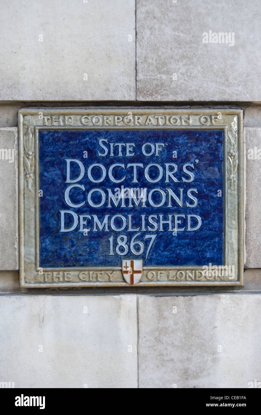 city of london blue plaque marking the site of doctors commons, demolished 1867,  queen victoria street, london, england Stock Photo