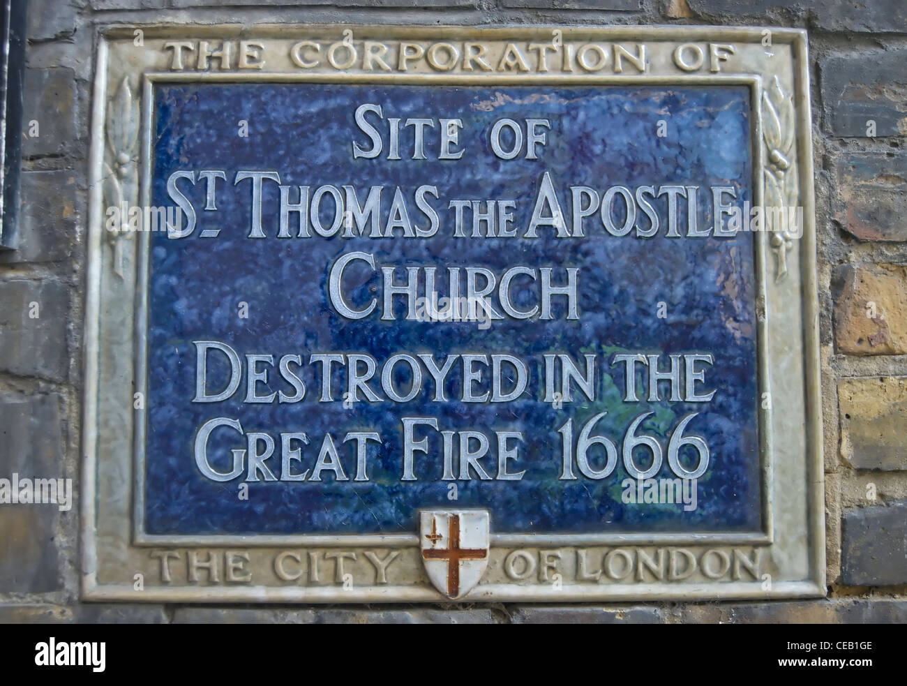 city of london blue plaque marking the site of st thomas the apostle church, destroyed by the 1666 great fire, london, england Stock Photo
