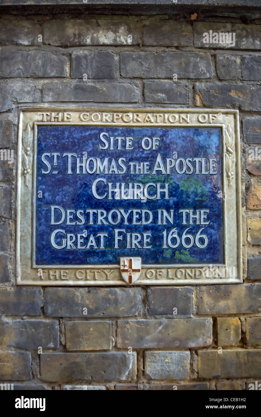 city of london blue plaque marking the site of st thomas the apostle church, destroyed by the 1666 great fire, london, england Stock Photo