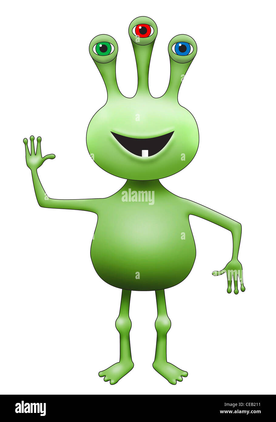 Illustration of green three-eyed extraterrestrial alien waving Stock Photo