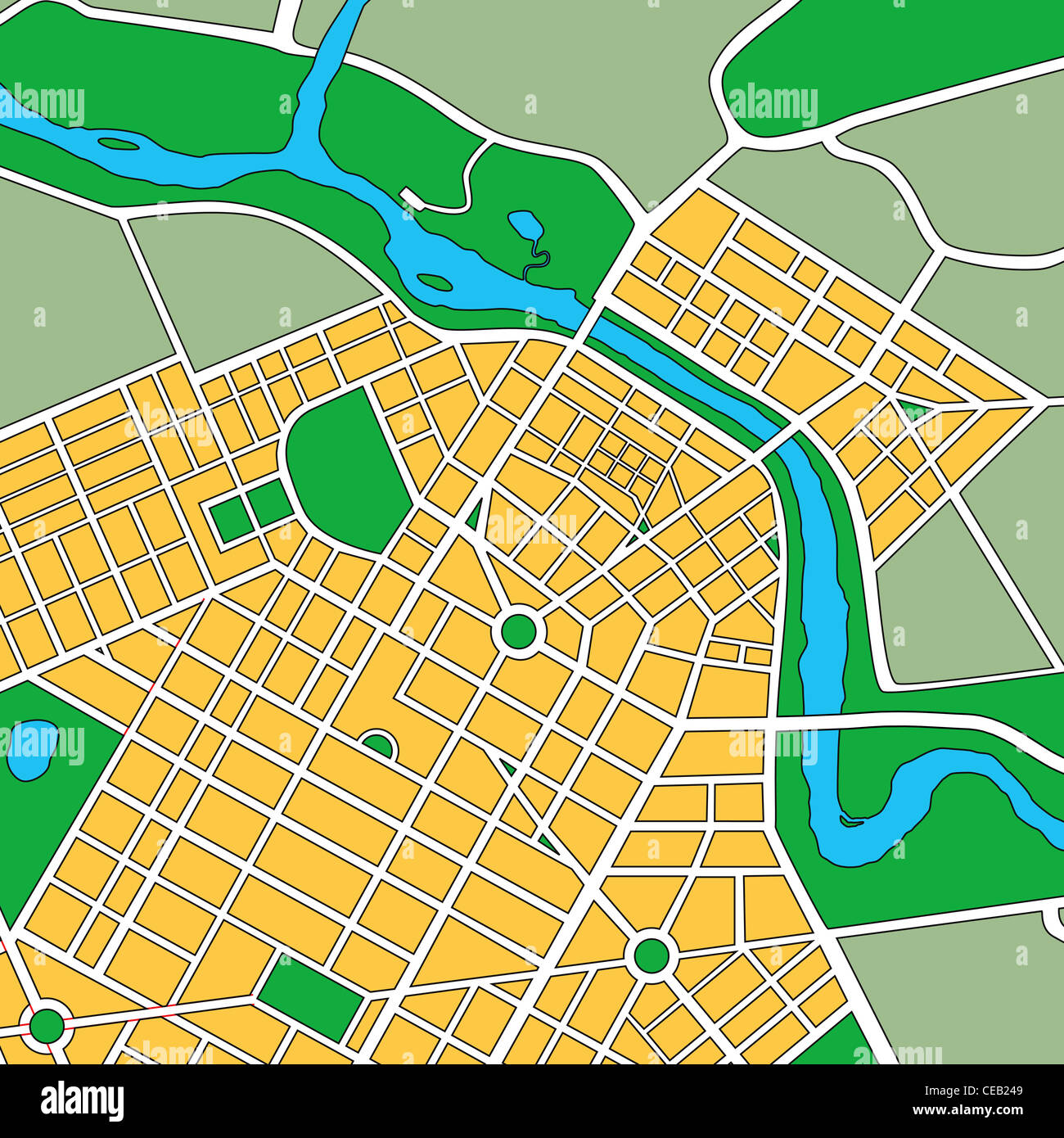 Map or plan of generic urban city showing streets and parks Stock Photo