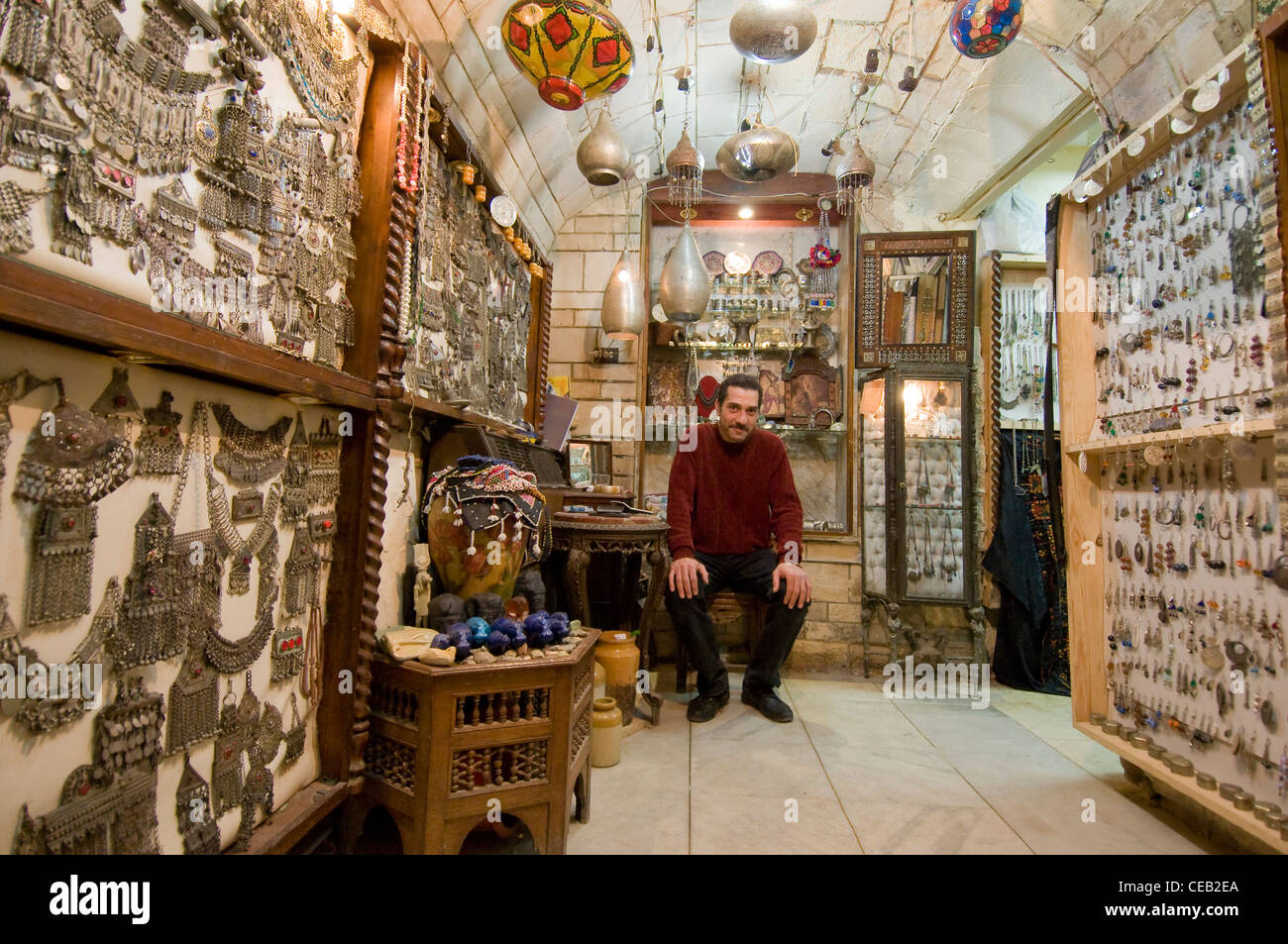 Merchant in his jewellery shop Khan El Khalili Market Old Cairo Egypt Stock Photo