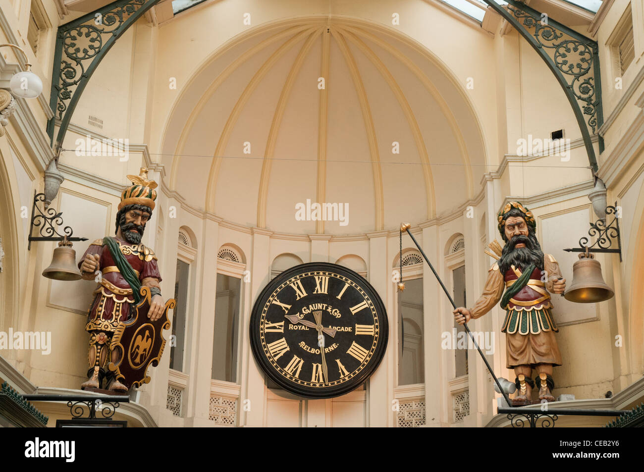 Gog and Magog figures keep time either side of Gaunt's Clock in the Renaissance Revival-style Royal Arcade , Melbourne Stock Photo