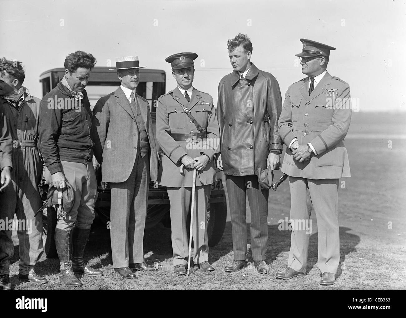 Charles Augustus Lindbergh, centre right, was an American aviator, author, inventor, explorer, and social activist. Stock Photo