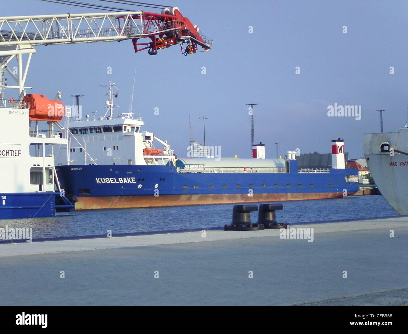 RORO ship Kugelbake in Bremerhaven, Germany. On the left, parts of the jackup rig Thor can be seen. Stock Photo