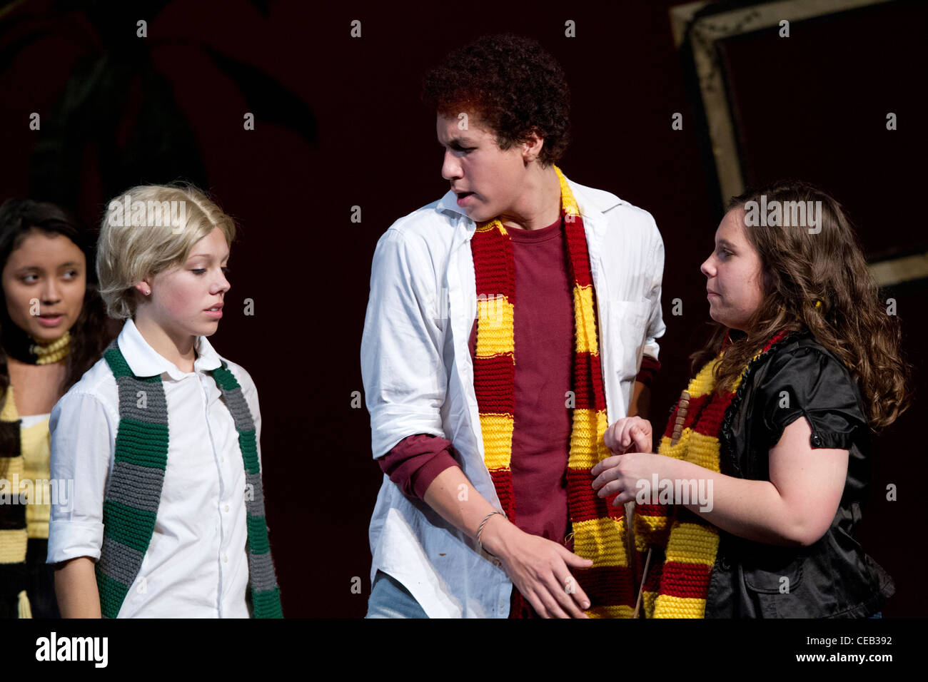 Teenagers perform in a production of 'A Very Potter Musical' at LBJ High School in Austin, Texas Stock Photo