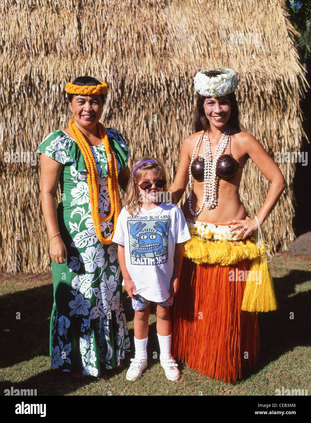 Hawaiian dancers with child, Kodak Hula Show, Honolulu, Oahu, Hawaii, United States of America Stock Photo
