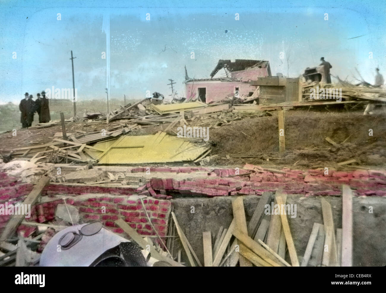 Circa 1900 hand-tinted photograph, tornado damage in the Midwestern United States. Stock Photo