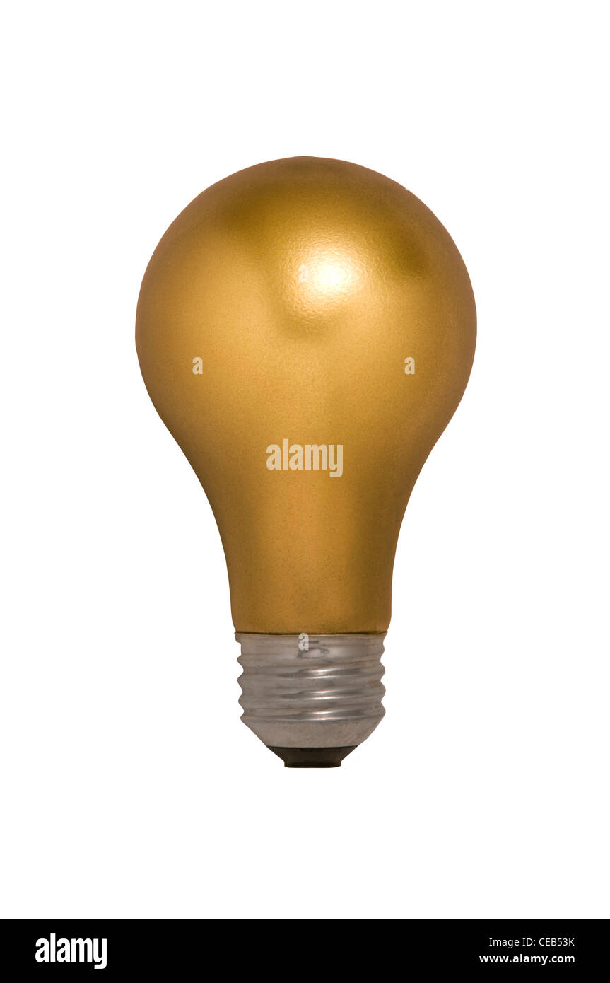 Gold Light Bulb Floating Against a White Background Stock Photo