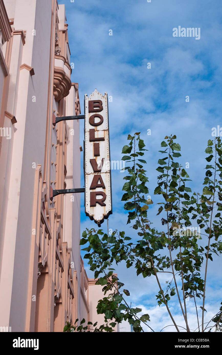 Sign for the Bolivar movie theater in the historic colonial section of