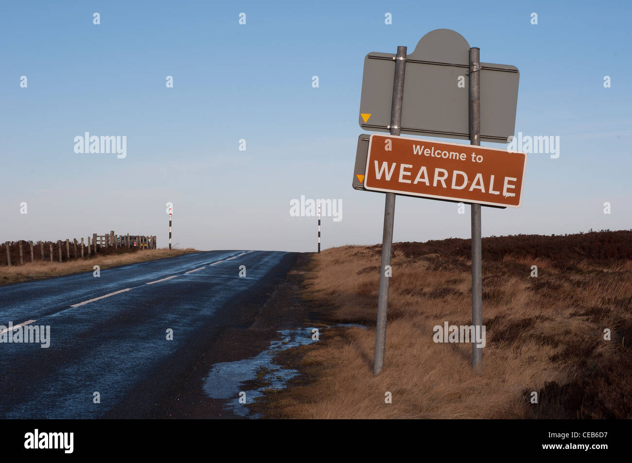 A sign welcoming you from Middleton in Teesdale in County Durham, into the area know as Weardale in County Durham, on a winters day. Stock Photo