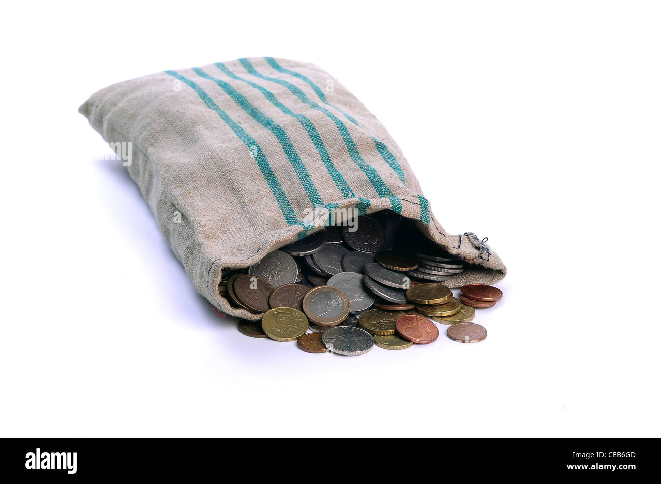 old money bag with different coins isolated on a white background Stock  Photo - Alamy