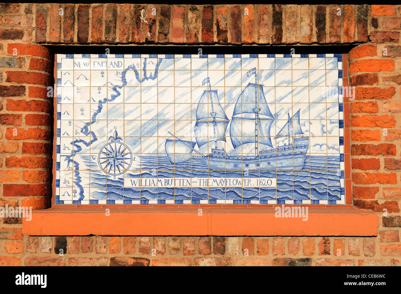 Tiled Plaque of the Mayflower Ship Which Carried The Pilgrim Fathers to America .In the Yorkshire Village of Austerfield. Stock Photo