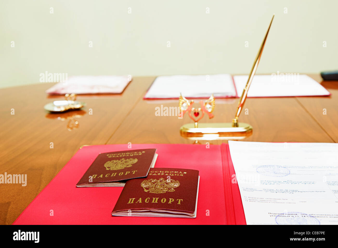 Table marriage with Russian passports Stock Photo