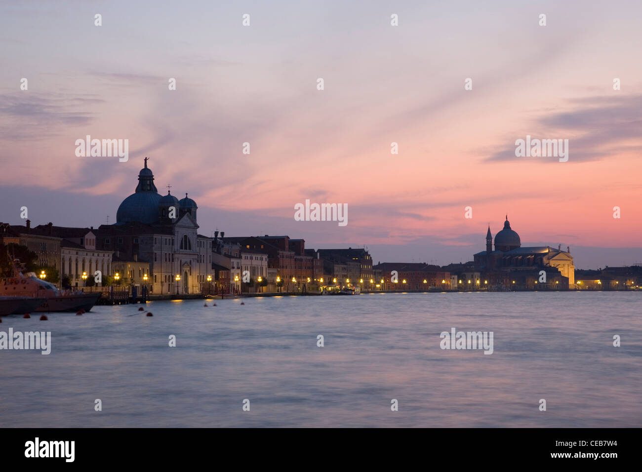 Venice, Veneto, Italy. View at dusk to the Island of Giudecca and Giudecca Canal from Campo San Giorgio. Stock Photo