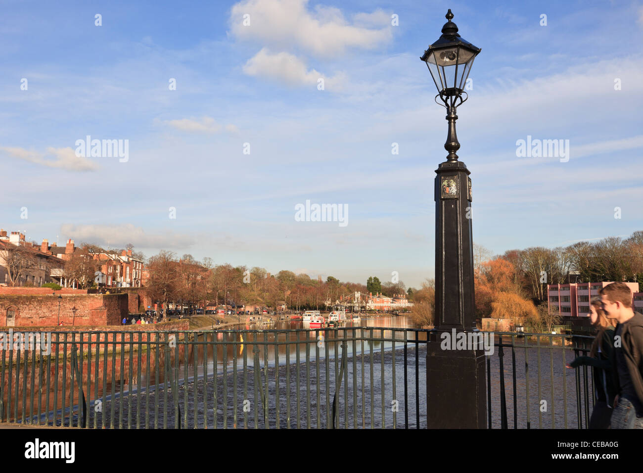 Chester, Cheshire, England, UK,. Lamppost on the Old Dee Bridge across the river Stock Photo