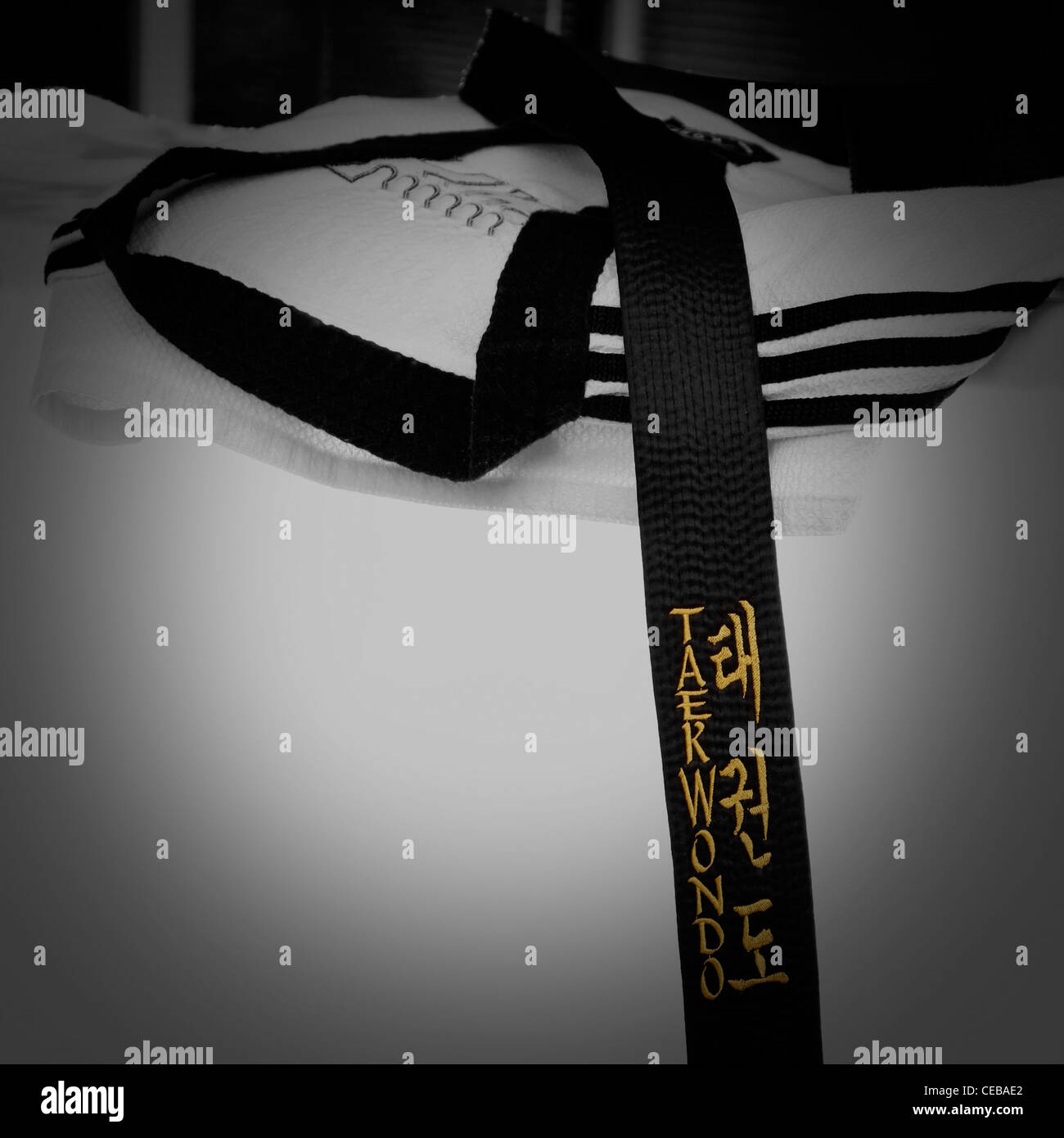 a taekwondo black belt and dobok Stock Photo Alamy